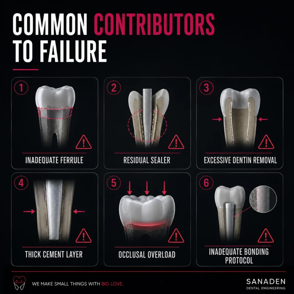 Infographic showing common contributors to fiber post failure including inadequate ferrule, residual sealer, excessive dentin removal, thick cement layer, occlusal overload and inadequate bonding protocol.